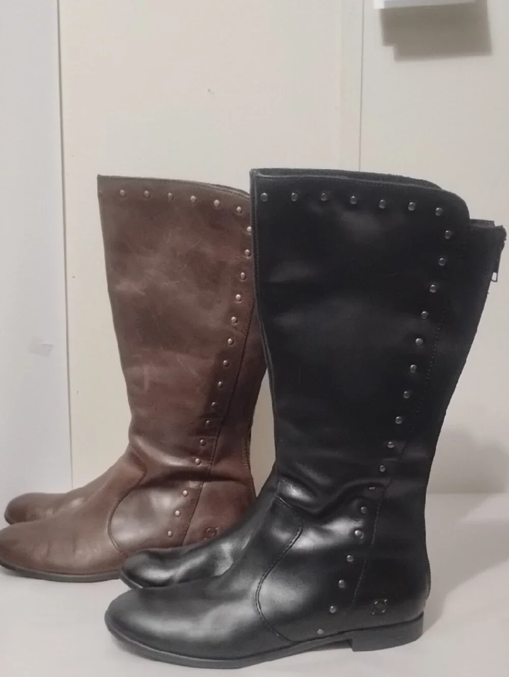 BORN Knee-high Leather Boots in (1) Brown and (1) Black Studded Riding Boot